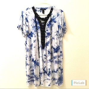 Forever 21 Blue Tie Dye Lace Up Dress